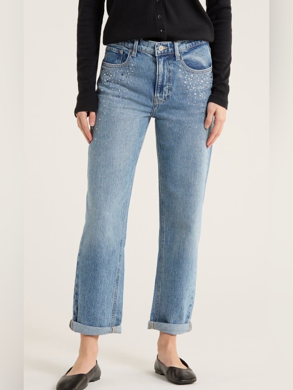 Lucky Crystal Studded Mid Rise Relaxed Straight Boyfriend Jeans NWOT 12/31